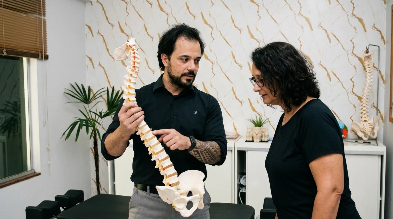 Dr. Kleber explicando a coluna vertebral a uma paciente